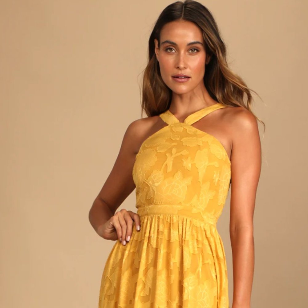 NWT XL Lulus Love and Beyond Marigold Burnout Floral Maxi Dress